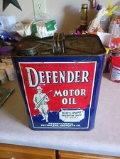 Vintage 1940's Defender Motor Oil 2 Gallon Can - Barn Find Uncleaned Gas Oil  picture