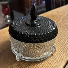 Antique 1930s New Martinsville Geneva Puff Box with Black Plume Finial Top picture