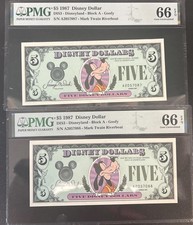 1987 $5 Disneyland Disney Dollars Goofy Sequential Pair PMG 66 EPQ DIS3 picture