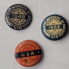 3 Vintage UNITED STEEL WORKERS OF AMERICA UNION Lapel Pins (3), 1948, 1952, 1955 picture
