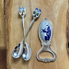 VTG 3 lot Delft blue slvr plated bottle opener & Delft blue slvr plated spoons picture