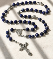 Premium Heavy Lapis Lazuli Catholic Rosary 10mm Beads Ornate Crucifix picture