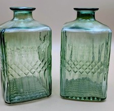 Vintage Green Glass Decanter Bottles Pair Diamond Quilt Waffle Vases MCM Barware picture
