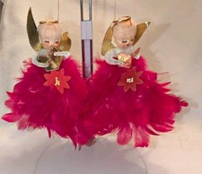 Vtg Two Pink Feather Angels Christmas Tree Topper Ornament Japan Spun Cotton MCM picture