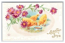 Easter Joys Baby Chicks Flowers  Embossed UNP DB Postcard  H27 picture