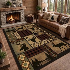 Rustic Cabin Area Rug 5'x8' for Wildlife Lovers, Deer Buffalo Plaid Lodge Design picture