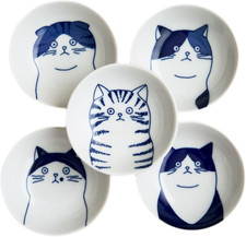Japanese Cat Ceramic Small Plates - Set of 5 - Great Gift for Cat Lovers, 5 Cats picture