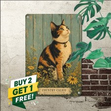 Yellow Wildflowers Tin Sign Vintage Weathered Calico Cat Decor picture