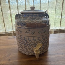 vintage East Texas Marshall Pottery blue spongeware beverage dispenser picture