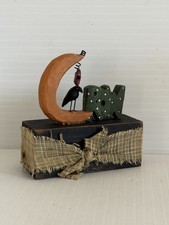 August Harvest Crescent Moon Halloween Crow Word Saying On Wood Block picture