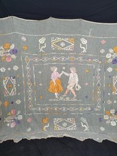 Vintage Linen Lace Embroidered Bedspread Silk Trim Cottage Chic Bedsheet Coverle picture
