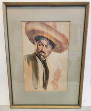 Vintage 1930s SMOKING MEXICAN BANDITO with SOMBRERO Gouache Oil Painting picture