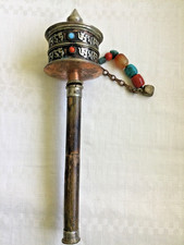 VTG Handmade Buddhist Copper Silver Prayer Wheel Natural Stones Engraved Script picture