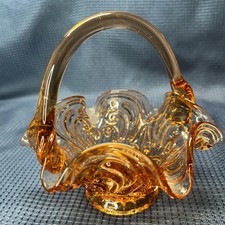 Lot of 2 VTG Fenton Glass, Lambs Tongue Amber basket, Light Blue Candle Holder picture