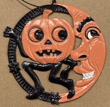 Embossed Paper Cardboard Die Cut German Halloween Crescent Moon Pumpkin Ornament picture