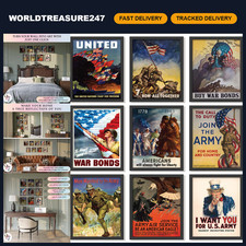 Vintage WW2 Propaganda Posters Set - 9 Unframed US History Pictures Art Prints picture
