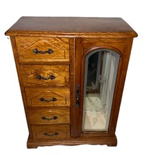 Vintage Linden Japan Jewelry Box Glass Door Oak 5 Drawer 14” X 11” fun picture