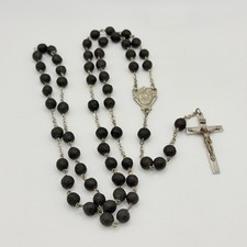 Vintage Sterling Silver Inri Rosary Black Lava Rock Beads Religious 21” Cross picture