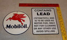 VINTAGE LOT 2 DIECUT PORCELAIN MOBIL MOBILOIL & GASOLINE CONTAINS LEAD  OIL SIGN picture