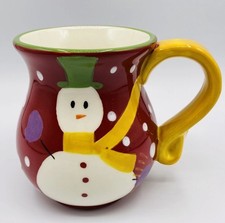 Pier 1 Imports Hand Painted Dolomite Mug Red with Snowman & Snow Ball Pattern picture