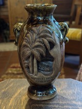 Vtg Waikiki Beach Honolulu Hawaii Souvenir Vase Surfer Palm Tree Japan Relief picture