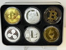 6 Cryptocurrency Collectible Commemorative Coins w/ Display Tin Bitcoin Dogecoin picture