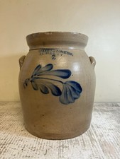 Antique E W Farrington Elmira NY Stoneware 2 Gallon Crock Cobalt Blue Flowers picture