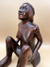 RARE  VTG AFRICAN MAKONDE MAASAI HAND-CARVED EBONY WOOD SEATED WOMAN SCULPTURE picture
