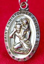 WWII Chaplain's 6 gr. Sterling GI Battle Worn Dog tag Chain St Christopher Medal picture