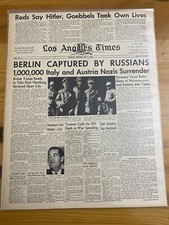 VINTAGE NEWSPAPER HEADLINE ~HITLER DEAD RUSSIANS TAKE BERLIN CAPITAL ~1945 WW2 picture
