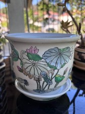 Vintage Japanese Chinoiserie Porcelain Planter Saucer Lotus Crane 5.5