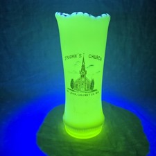 Vintage Uranium Glass St. John's Church St. John WI Souvenir Vase 7