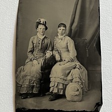 Antique Tintype Photograph Beautiful Young Fashionable Women Amazing Dress Hat picture