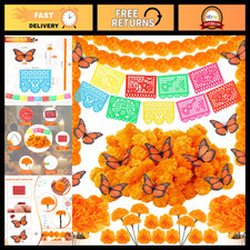68 Pcs Day of the Dead Decor Set - Mexican Party Banners, Marigold Flowers & But picture