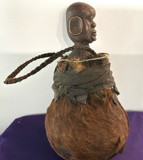 TALL VINTAGE EAST AFRICAN TANZANIAN FUR COVERED GOURD WITH FIGURAL STOPPER picture