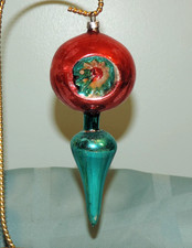 Vintage Red Triple Indent w/ Turquoise Finial Glass Ornament Hand Painted 6