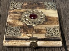 VTG Antique Boho Camel Bone Jewelry Box Brass Mosaic Moorish Trinket Chest 5.5” picture