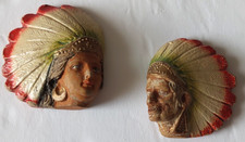 PR VTG MINI CHALKWARE Plaques NATIVE AMERICAN INDIAN CHIEF PRINCESS HEADDRESSES picture