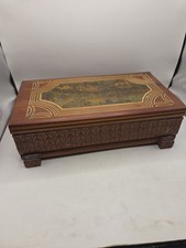 Vintage Handmade Carved Wooden Fishing Image Men's Trinket Box Made in 1948 picture
