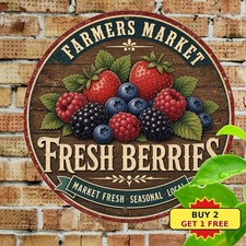 Farmers Market Fresh Berries Harvest Strawberries Round Tin Sign Kitchen Decor picture