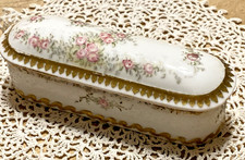 Antique Delinieres  & Cie Limoges Dresser Trinket Pin Box Pink Floral & Gold picture