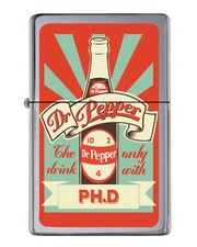 Retro Dr. Pepper Bottle Ad Flip Top Lighter Brushed Chrome with Vinyl Image. picture