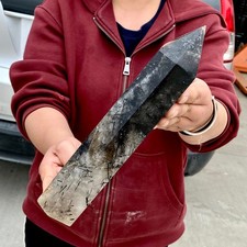 3.4LB Natural Black Hair Quartz Obelisk Crystal Energy Point Wand Reiki Decor picture