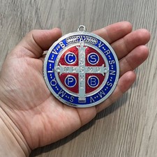Catholic St Benedict 2.75” Medal Silver Blue Red Enamel Medalla San Benito picture