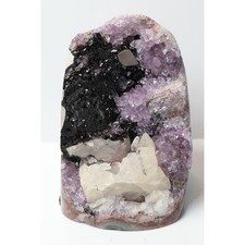 Brazilian Amethyst Cut Base with Calcite & Hematite, Black Druzy Crystal Geode picture