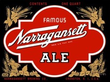 Narragansett Ale of Cranston, RI New Metal Sign: Lg. Size, 12x16