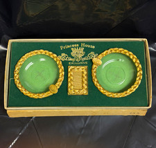 Vintage Princess House Crystal Ashtray Set Gold Trim Match Box Mid Century picture