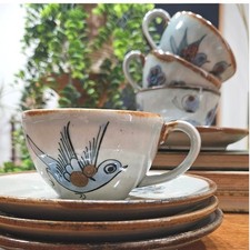 Vintage Ken Edwards El Palomar Tonala Mexico Pottery 4 Tea Cups & 4 Saucers Bird picture