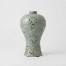 Vintage Korean Celadon Crane Vase Crackle Glaze Handcrafted Ceramic Decor 8.5