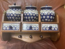Unique Polish Pottery Peacock Design 3 Canisters  and 3 Drawer Wood Set picture